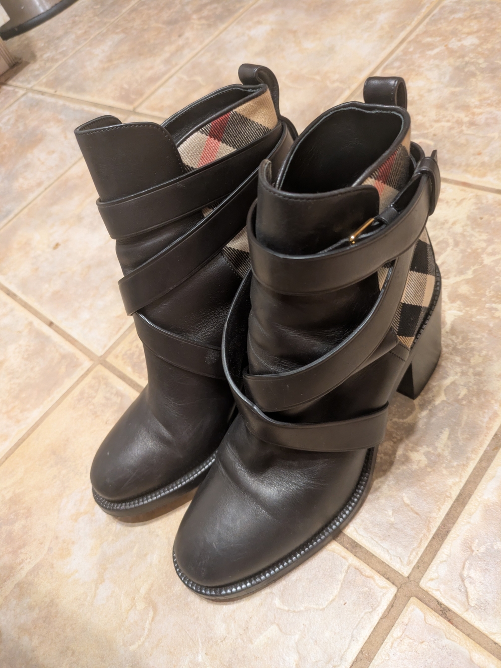 Burberry Pryle Black Leather Ankle Boots with Signature Check Panel